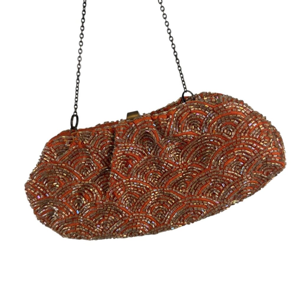 Vintage Miss Albright Anthropologie Beaded Orange Clutch Bag w/ Chain
